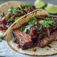 Smoked brisket tacos bursting with pickled red onion and fresh cilantro.
